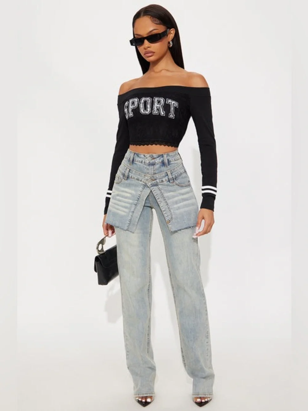 Sporty Gal Off Shoulder crop Top Black lace detail